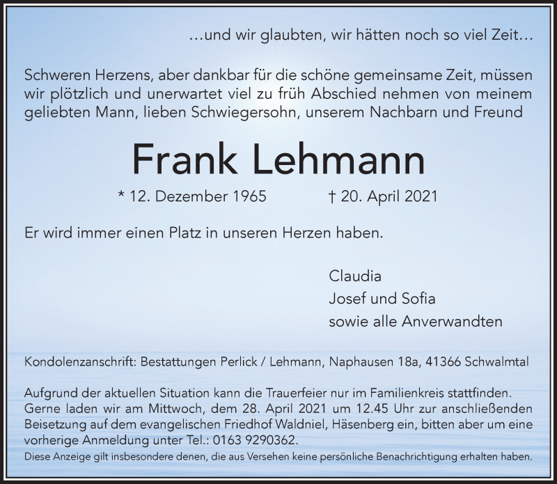  Traueranzeige für Frank Lehmann vom 24.04.2021 aus Rheinische Post