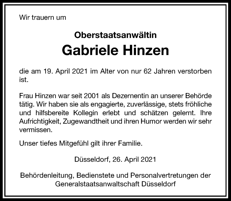  Traueranzeige für Gabriele Hinzen vom 28.04.2021 aus Rheinische Post
