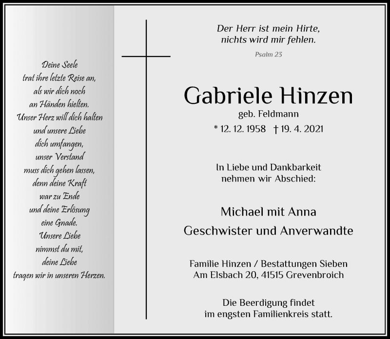  Traueranzeige für Gabriele Hinzen vom 24.04.2021 aus Rheinische Post