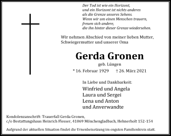 Traueranzeige von Gerda Gronen von Rheinische Post