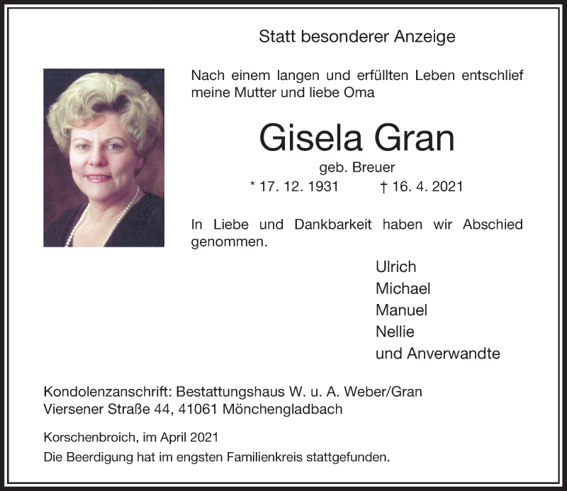 Alle Traueranzeigen für Gisela Gran | trauer.rp-online.de