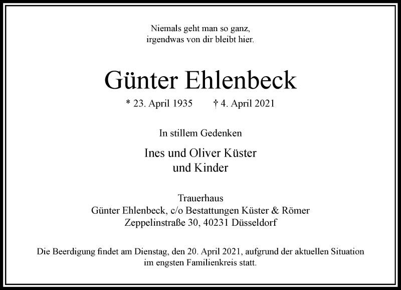  Traueranzeige für Günter Ehlenbeck vom 10.04.2021 aus Rheinische Post