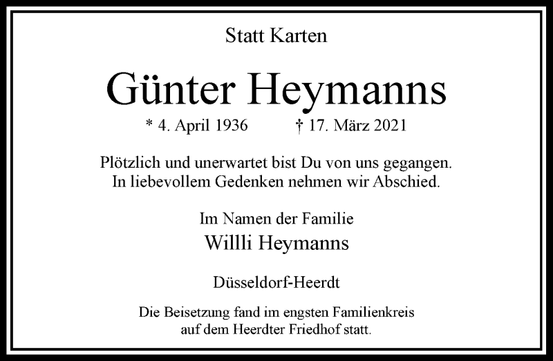  Traueranzeige für Günter Heymanns vom 10.04.2021 aus Rheinische Post