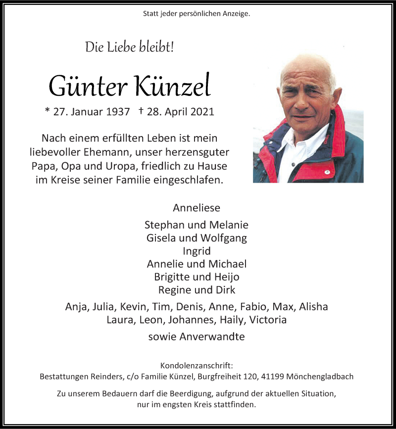  Traueranzeige für Günter Künzel vom 01.05.2021 aus Rheinische Post