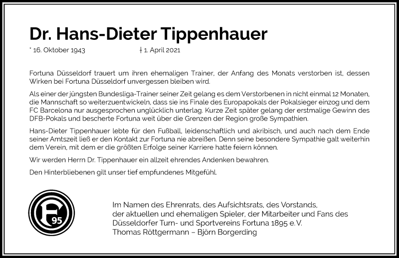  Traueranzeige für Hans-Dieter Tippenhauer vom 24.04.2021 aus Rheinische Post