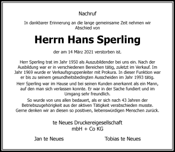 Traueranzeige von Hans Sperling von Rheinische Post