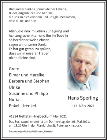 Traueranzeige von Hans Sperling von Rheinische Post