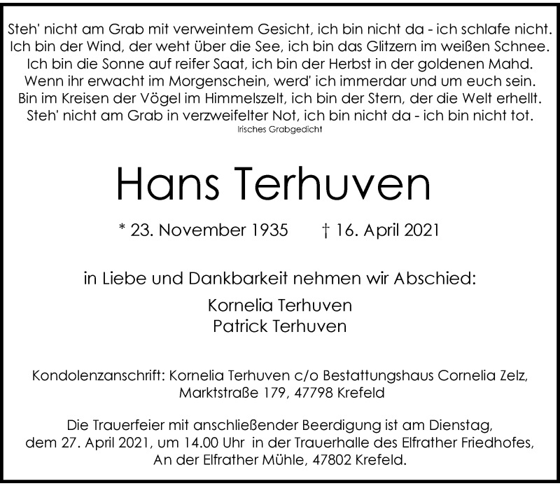  Traueranzeige für Hans Terhuven vom 24.04.2021 aus Rheinische Post