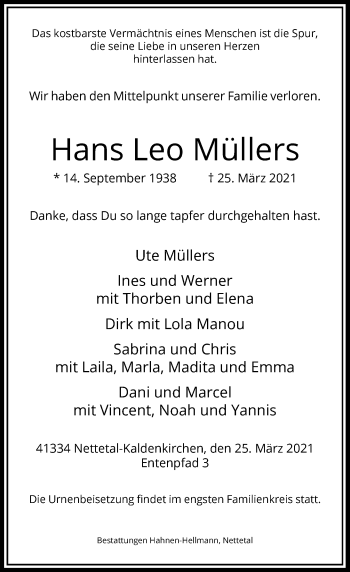 Traueranzeige von Hans Leo Müllers von Rheinische Post