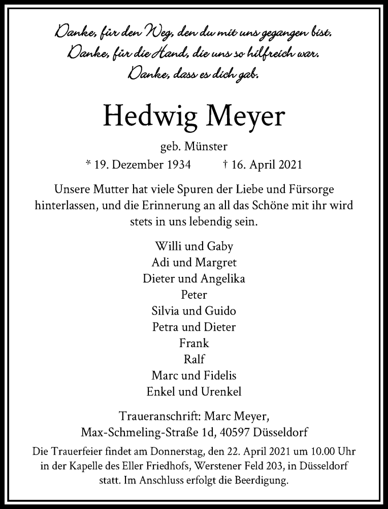  Traueranzeige für Hedwig Meyer vom 21.04.2021 aus Rheinische Post