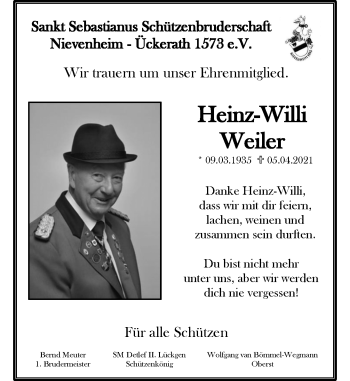 Todesanzeige von Heinz-Willi Weiler von Rheinische Post