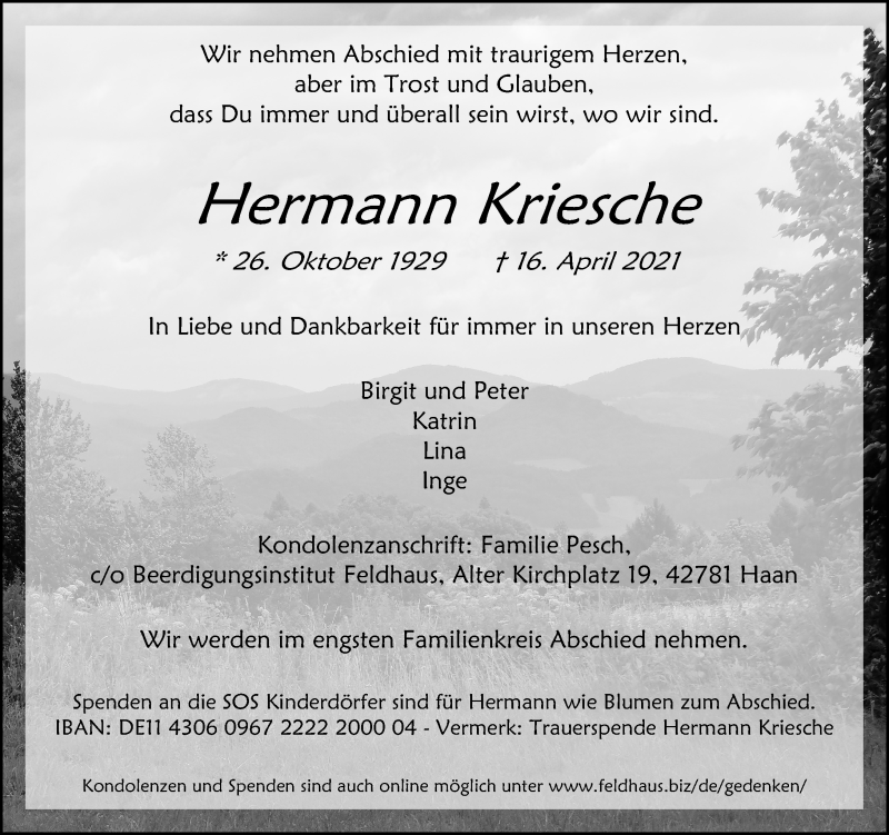  Traueranzeige für Hermann Kriesche vom 21.04.2021 aus Rheinische Post