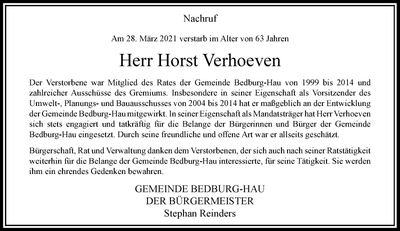  Traueranzeige für Horst Verhoeven vom 10.04.2021 aus Rheinische Post
