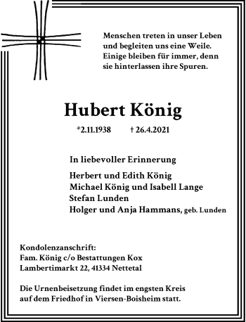 Traueranzeige von Hubert König von Rheinische Post