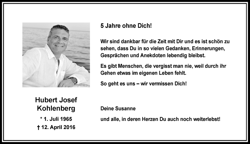  Traueranzeige für Hubert Josef Kohlenberg vom 10.04.2021 aus Rheinische Post