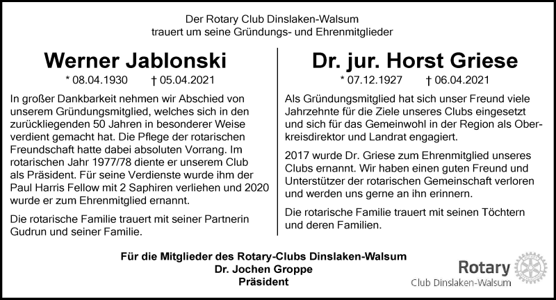  Traueranzeige für In Gedenken Gründungsmitglieder Rotary Club vom 14.04.2021 aus Rheinische Post