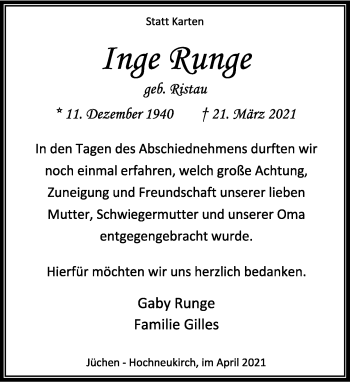 Traueranzeige von Inge Runge von Rheinische Post