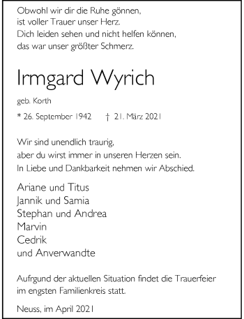 Traueranzeige von Irmgard Wyrich von Rheinische Post