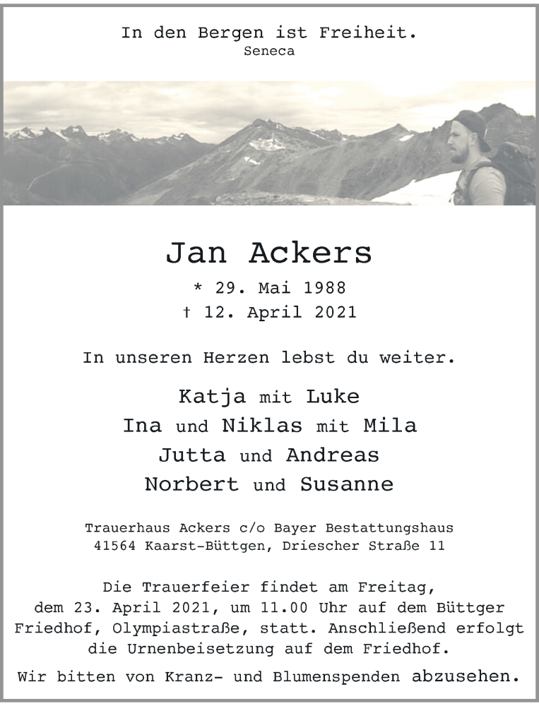  Traueranzeige für Jan Ackers vom 17.04.2021 aus Rheinische Post