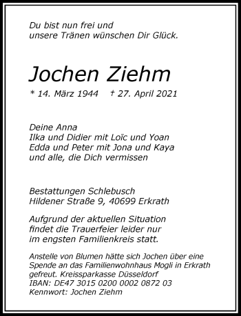 Traueranzeige von Jochen Ziehm von Rheinische Post