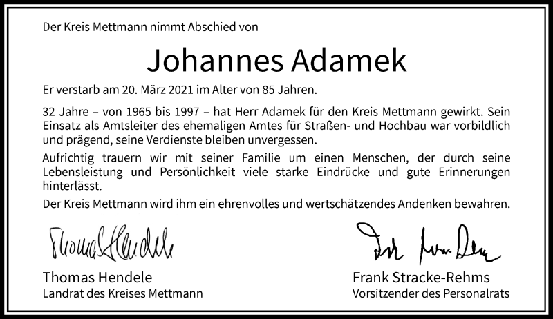  Traueranzeige für Johannes Adamek vom 17.04.2021 aus Rheinische Post