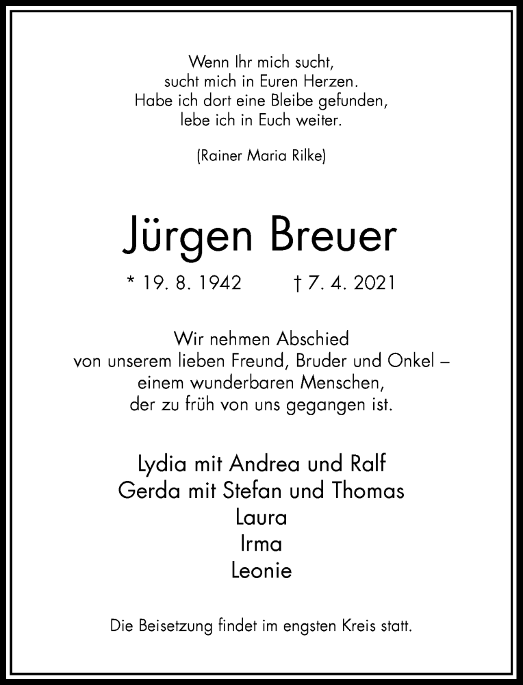  Traueranzeige für Jürgen Breuer vom 17.04.2021 aus Rheinische Post
