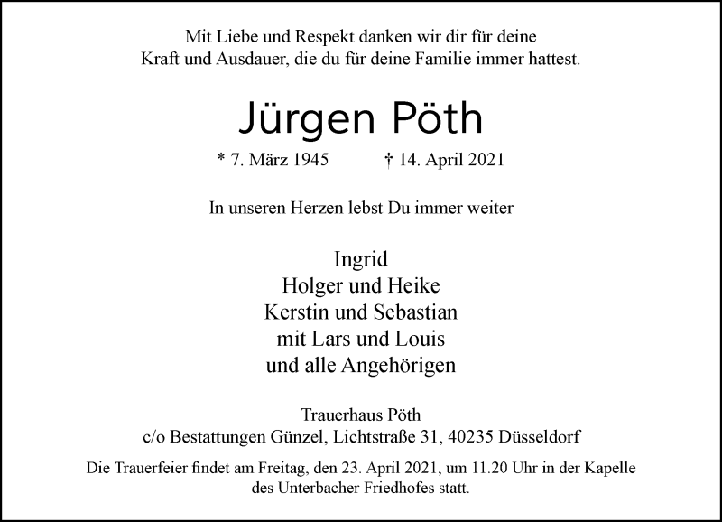  Traueranzeige für Jürgen Pöth vom 21.04.2021 aus Rheinische Post