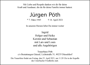 Traueranzeige von Jürgen Pöth von Rheinische Post