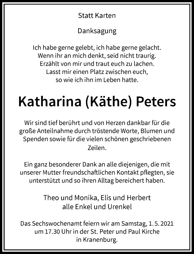  Traueranzeige für Katharina  Peters vom 24.04.2021 aus Rheinische Post