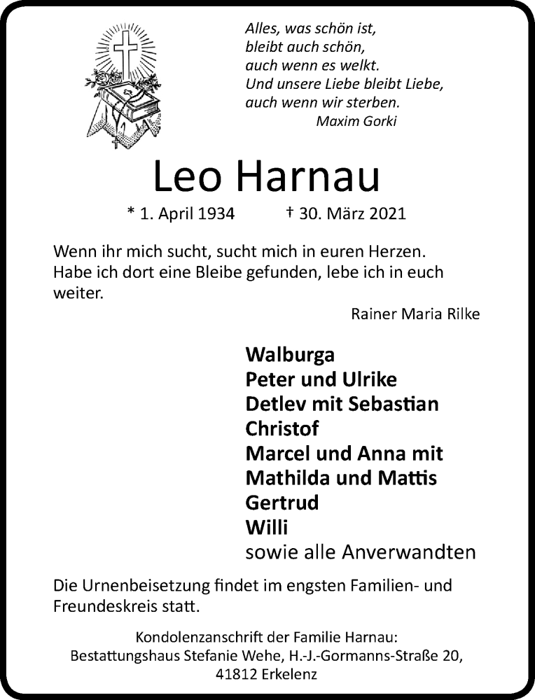  Traueranzeige für Leo Harnau vom 10.04.2021 aus Rheinische Post