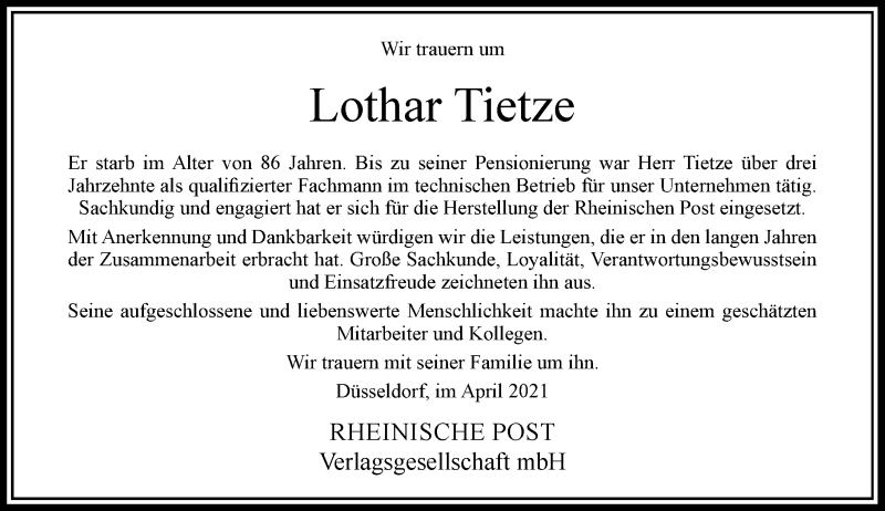  Traueranzeige für Lothar Tietze vom 17.04.2021 aus Rheinische Post
