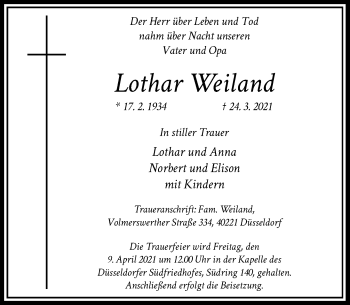 Traueranzeige von Lothar Weiland von Rheinische Post