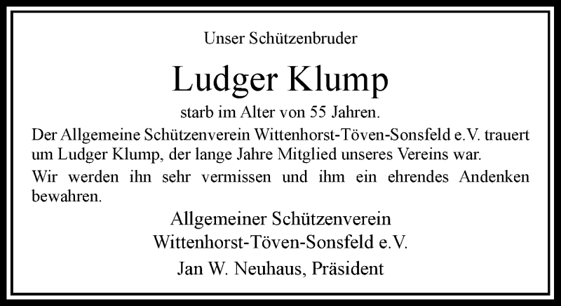  Traueranzeige für Ludger Klump vom 26.04.2021 aus Rheinische Post