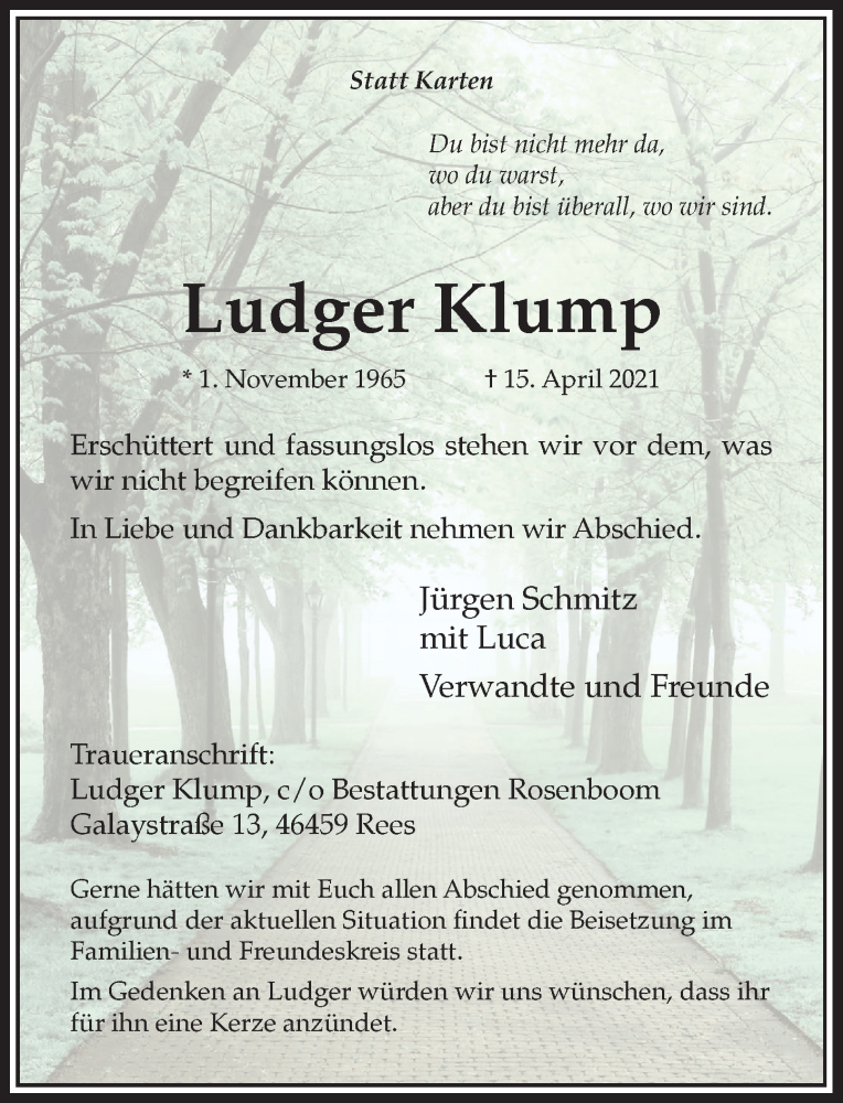 Traueranzeige für Ludger Klump vom 24.04.2021 aus Rheinische Post