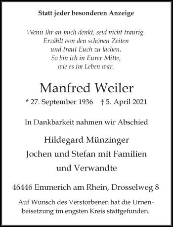 Todesanzeige von Manfred Weiler von Rheinische Post