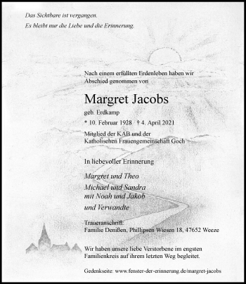 Traueranzeige von Margret Jacobs von Rheinische Post