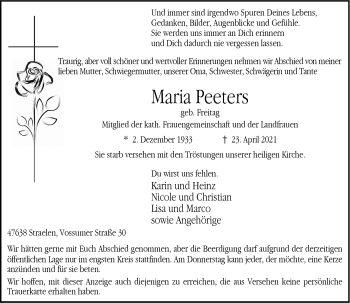 Traueranzeige von Maria Peeters von Rheinische Post