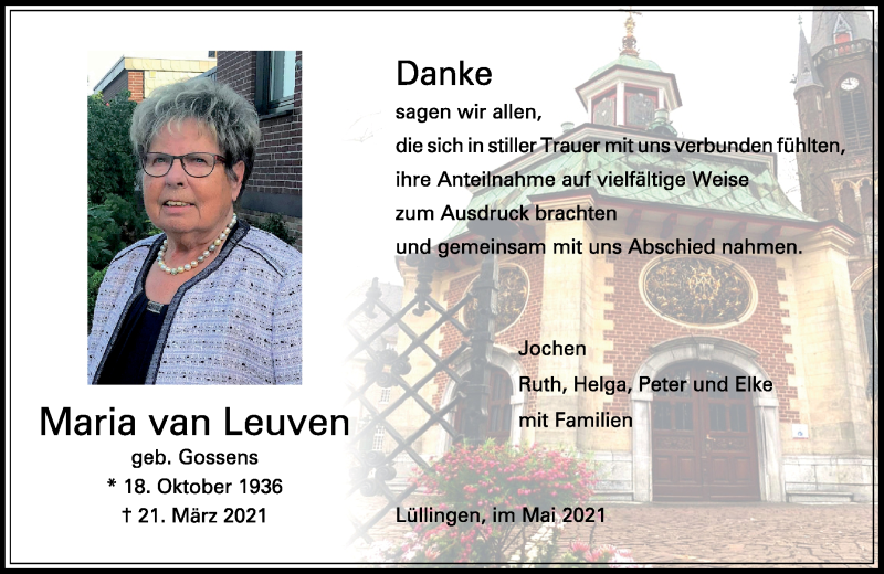  Traueranzeige für Maria van Leuven vom 08.05.2021 aus Rheinische Post