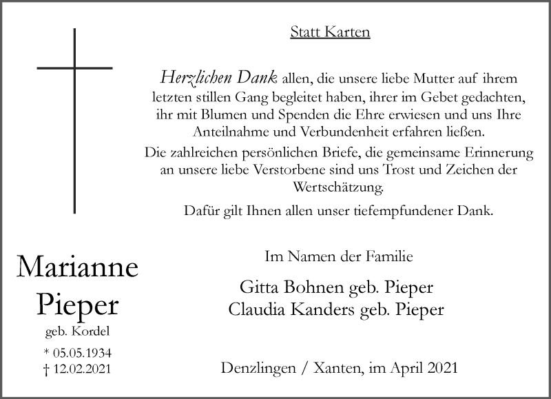  Traueranzeige für Marianne Pieper vom 30.04.2021 aus Rheinische Post
