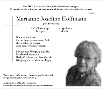 Traueranzeige von Marianne Josefine Hoffmann von Rheinische Post