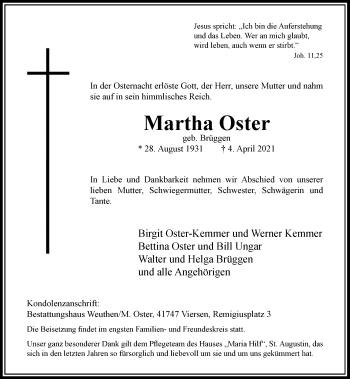 Traueranzeige von Martha Oster von Rheinische Post
