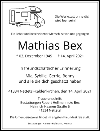 Traueranzeige von Mathias Bex von Rheinische Post
