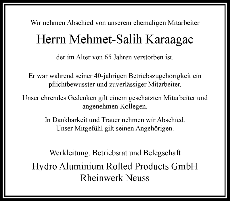  Traueranzeige für Mehmet-Salih Karaagac vom 14.04.2021 aus Rheinische Post
