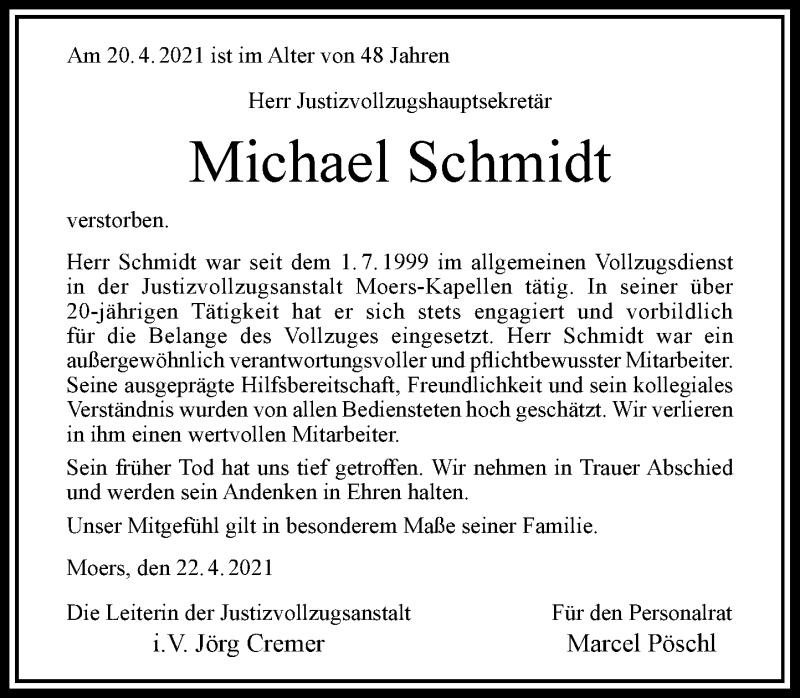  Traueranzeige für Michael Schmidt vom 24.04.2021 aus Rheinische Post