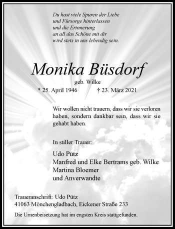 Traueranzeige von Monika Büsdorf von Rheinische Post