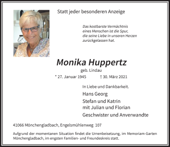 Traueranzeige von Monika Huppertz von Rheinische Post