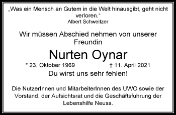 Traueranzeige von Nurten Oynar von Rheinische Post