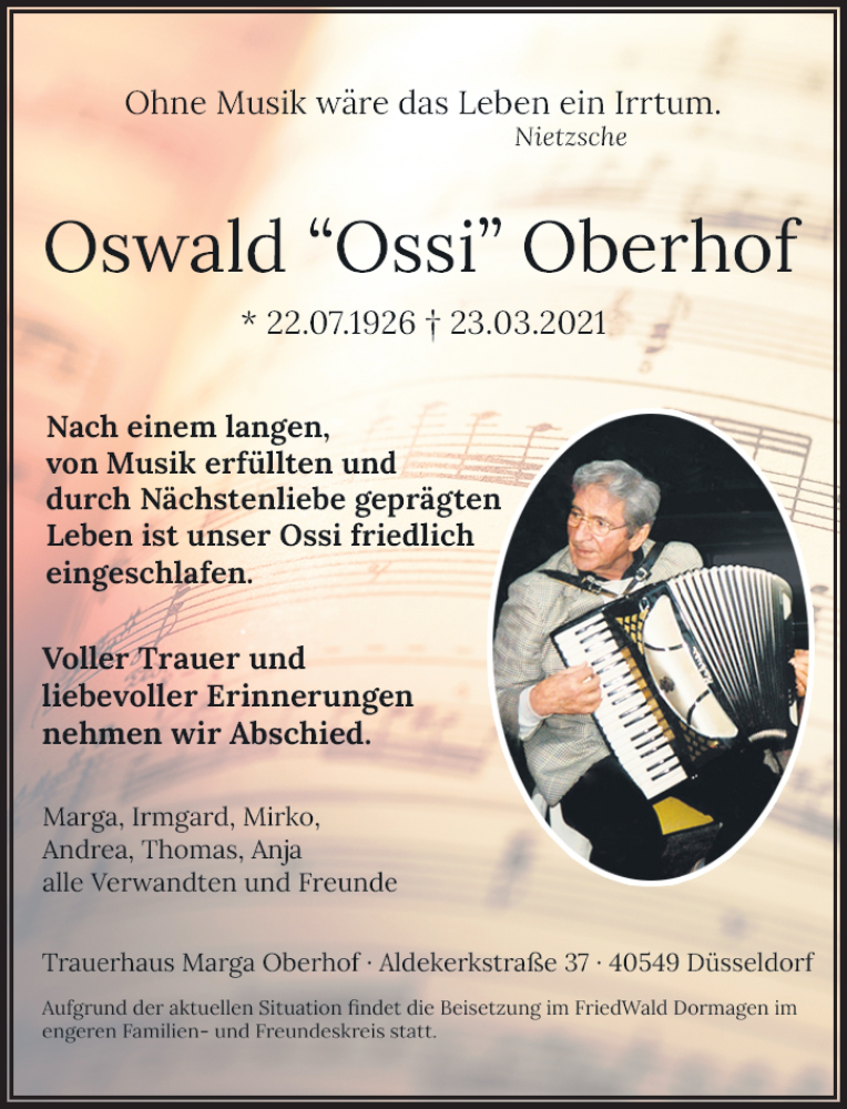 Traueranzeige für Oswald Oberhof vom 07.04.2021 aus Rheinische Post