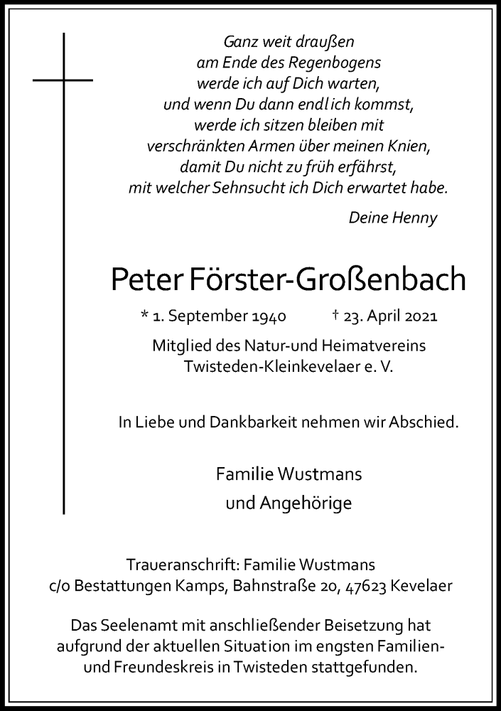  Traueranzeige für Peter Förster-Großenbach vom 01.05.2021 aus Rheinische Post