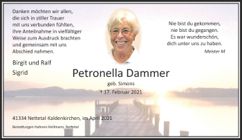 Traueranzeige von Petronella Dammer von Rheinische Post
